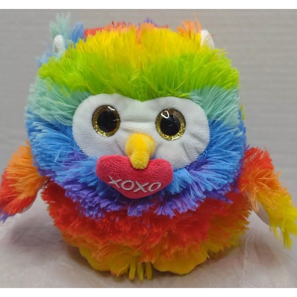 Valentine XOXO Owl‎ Plush Gold Glitter Eyes Soft Fuzzy Rainbow Color 6"